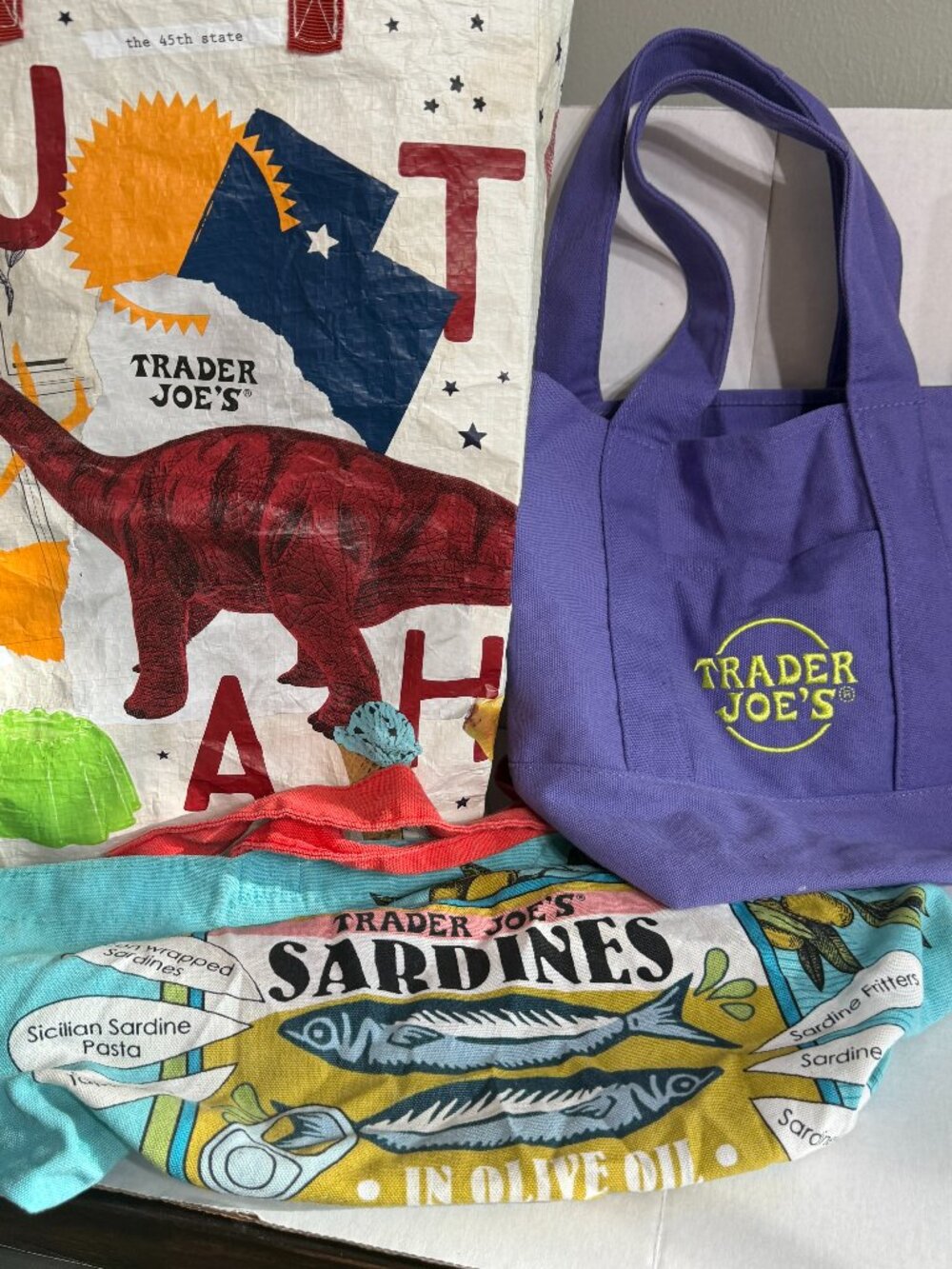 Lot 3 Trader Joe's Cotton Canvas Plastic Tote Bags Sardines Mini Utah Shopping